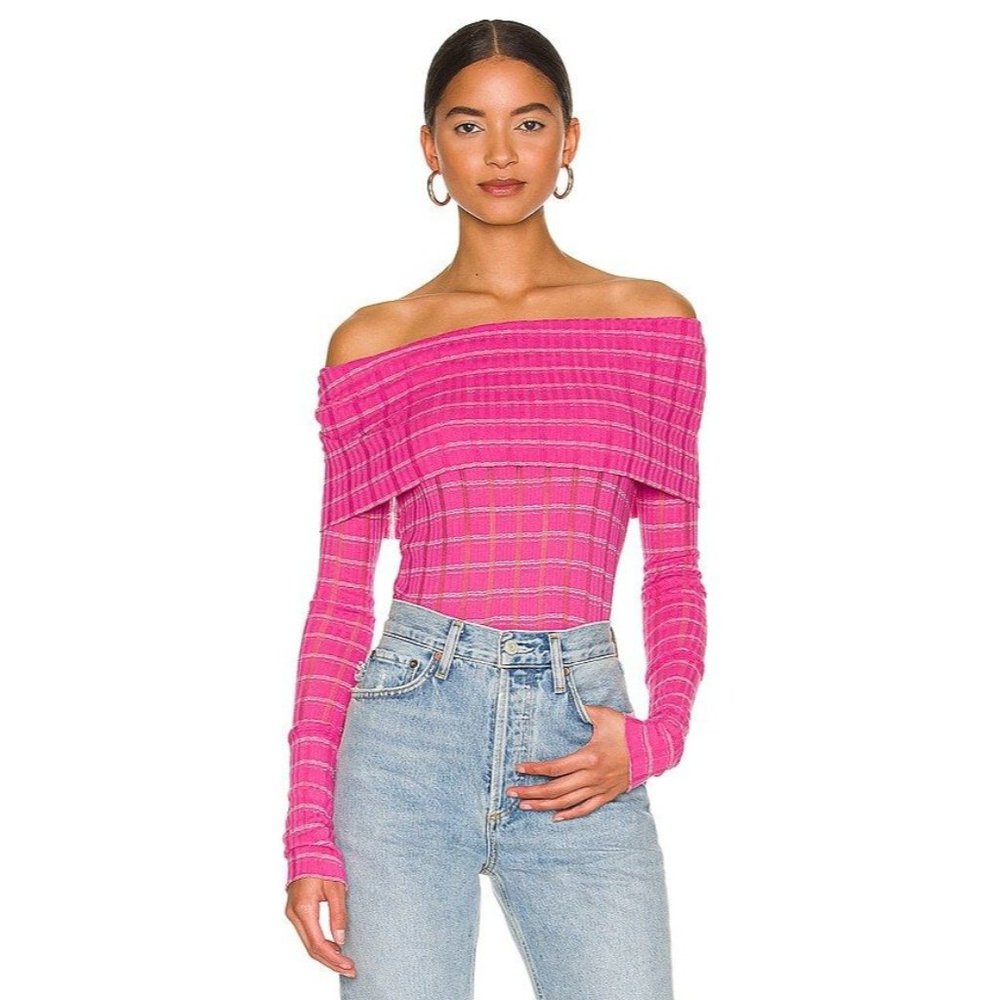 Free People NWT  Snowbunny Rib Top Off Shoulder Cowl Neck Fuchsia Fizz Combo XS